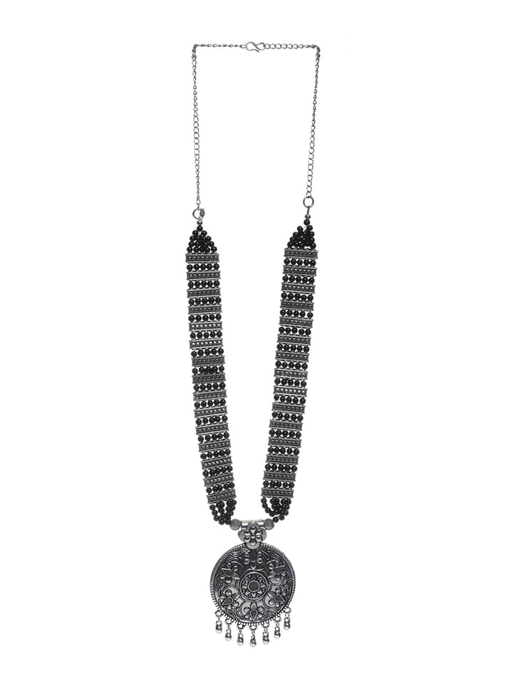 Priyaasi Oxidised Silver Floral Black Beaded Necklace