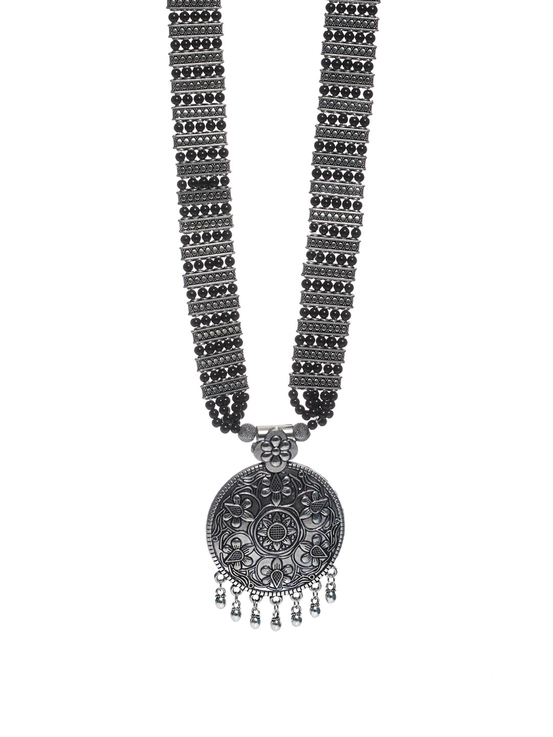 Priyaasi Oxidised Silver Floral Black Beaded Necklace
