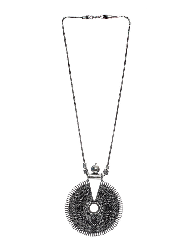 Priyaasi Circular Pattern Geometric Oxidised Silver Necklace