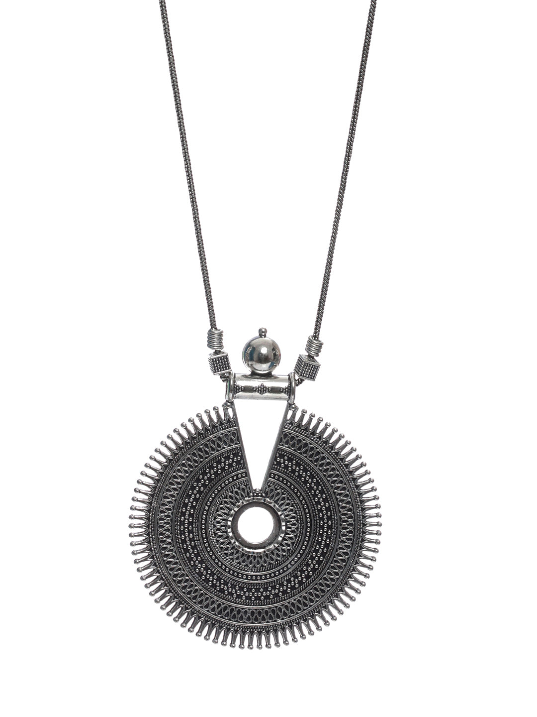 Priyaasi Circular Pattern Geometric Oxidised Silver Necklace