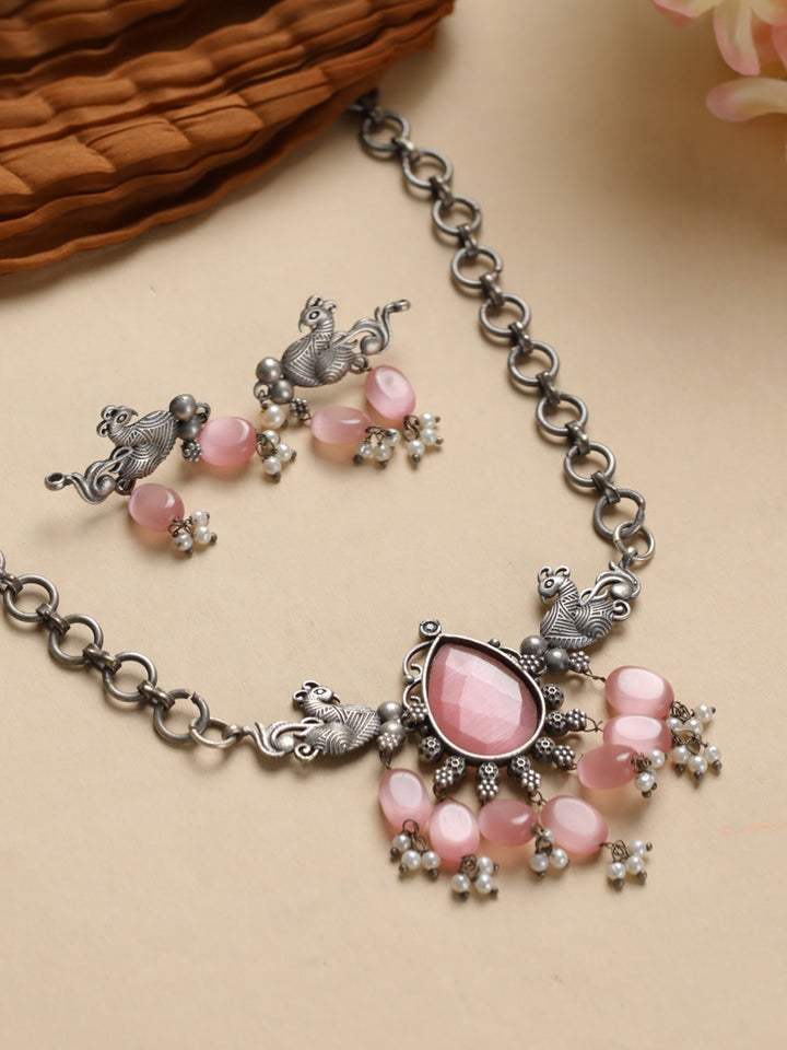 Priyaasi Peacock Pink Stone Studded Oxidised Silver Jewellery Set