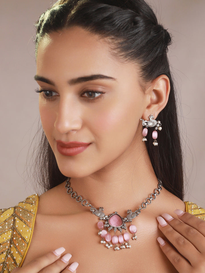 Priyaasi Peacock Pink Stone Studded Oxidised Silver Jewellery Set
