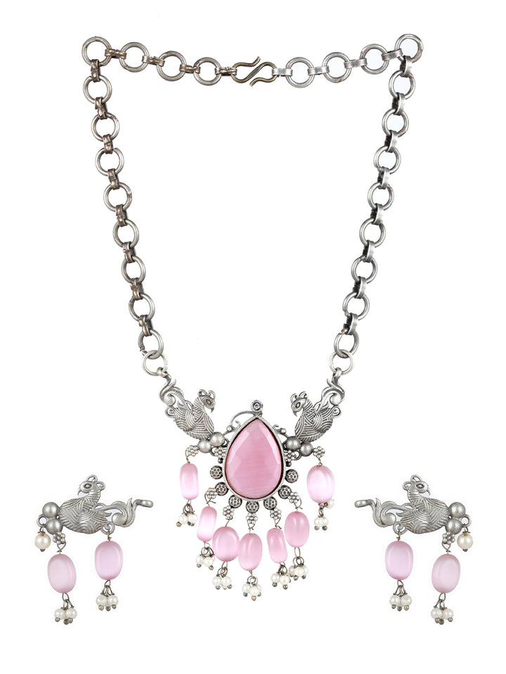 Priyaasi Peacock Pink Stone Studded Oxidised Silver Jewellery Set
