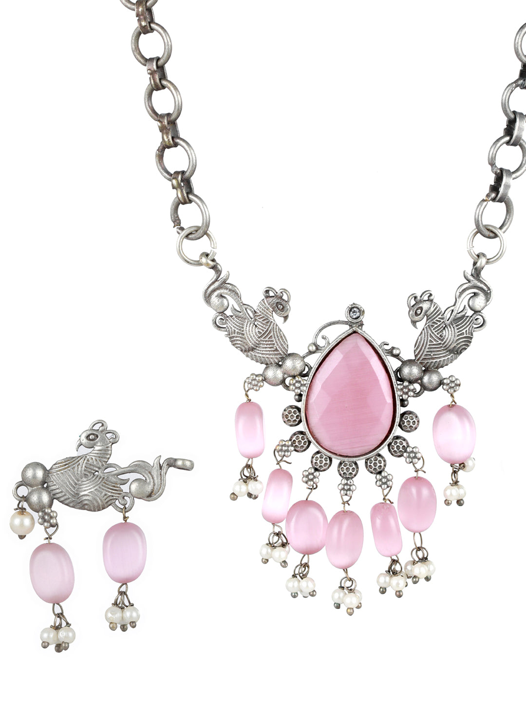 Priyaasi Peacock Pink Stone Studded Oxidised Silver Jewellery Set