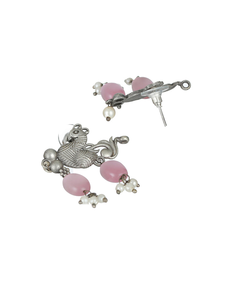 Priyaasi Peacock Pink Stone Studded Oxidised Silver Jewellery Set