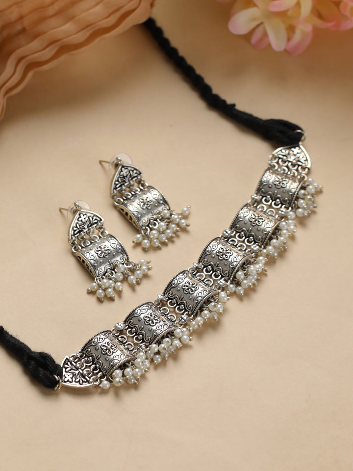 Priyaasi Embossed Floral Pearl Oxidised Silver Choker Jewellery Set