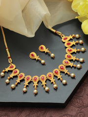 Priyaasi Pink Stone Studded Gold Plated Floral Jewellery Set