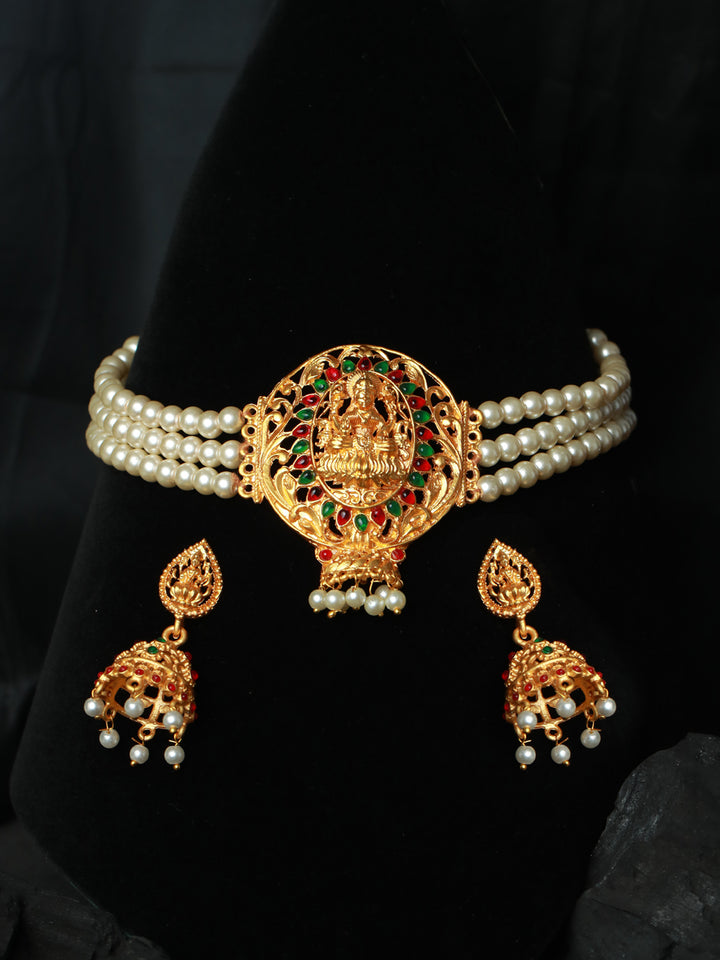 Priyaasi Multicolor Goddess Laxmi Pearl Gold Plated Choker Jewellery Set