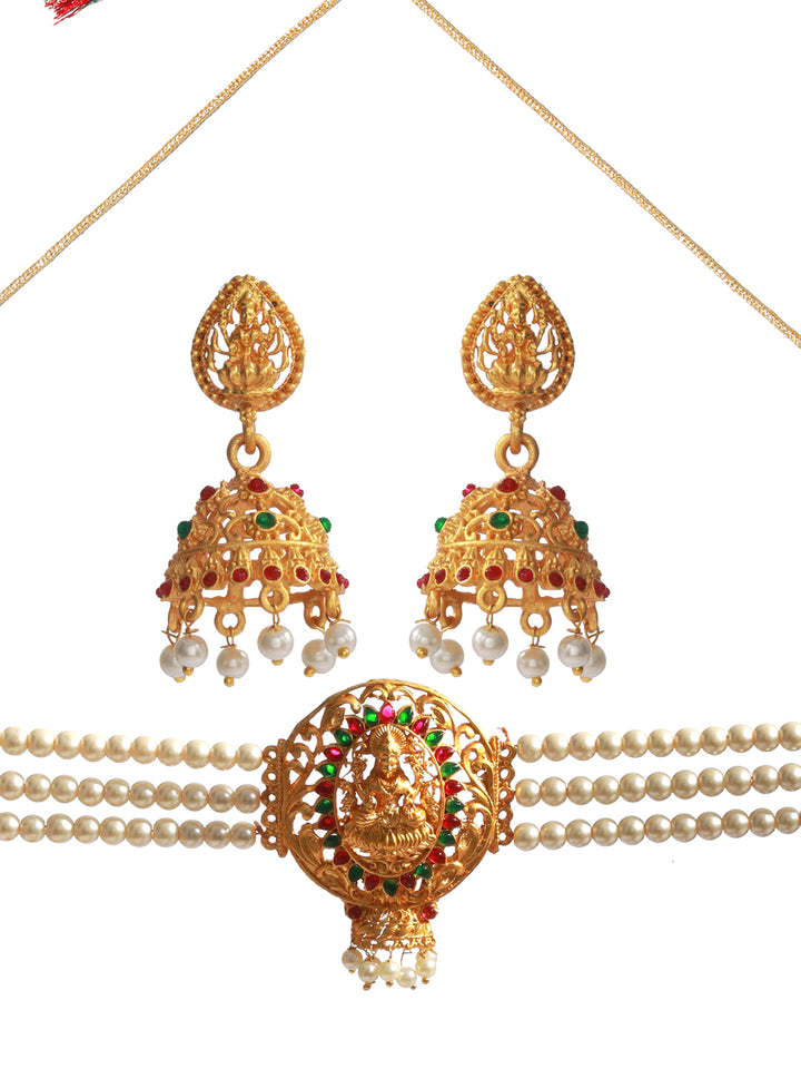 Priyaasi Multicolor Goddess Laxmi Pearl Gold Plated Choker Jewellery Set