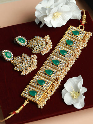 Priyaasi Green Kundan Floral Leaf Gold Plated Choker Jewellery Set