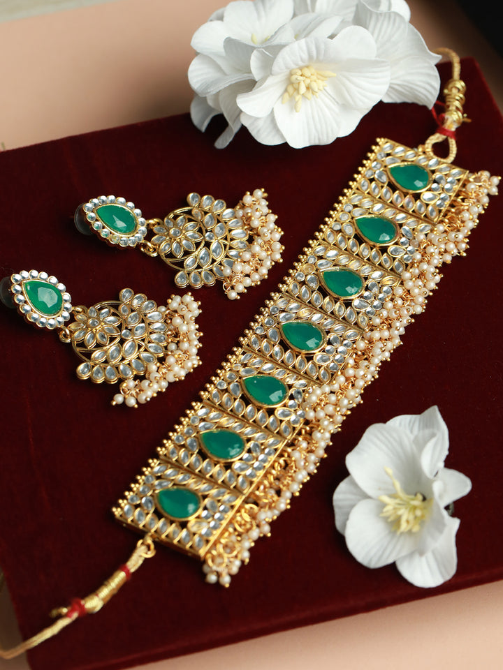 Priyaasi Green Kundan Floral Leaf Gold Plated Choker Jewellery Set