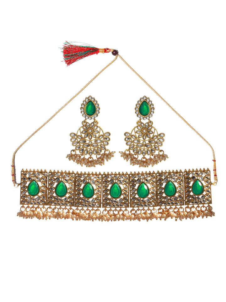 Priyaasi Green Kundan Floral Leaf Gold Plated Choker Jewellery Set