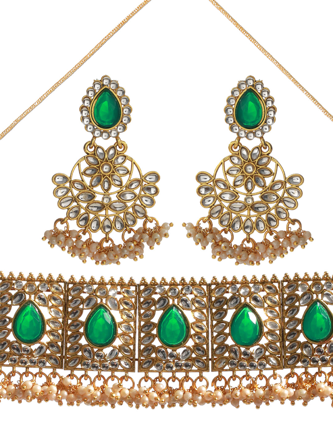 Priyaasi Green Kundan Floral Leaf Gold Plated Choker Jewellery Set