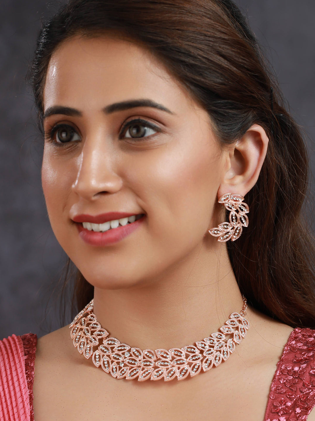 Priyaasi Elegant Leaf Pattern AD Rose Gold Plated Jewellery Set