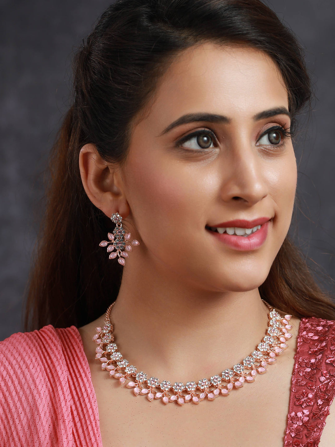 Priyaasi Pink Studded Floral Rose Gold Plated Jewellery Set