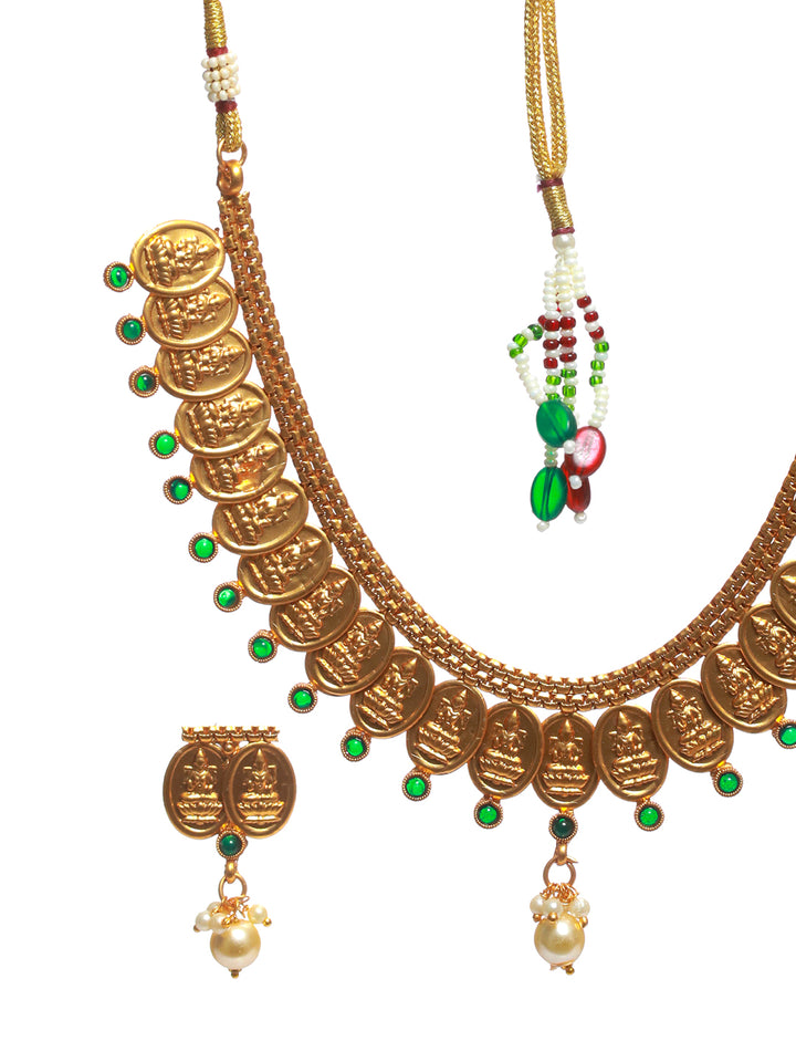 Priyaasi Goddess Laxmi Studded Pearl Drop Gold Plated Jewellery Set