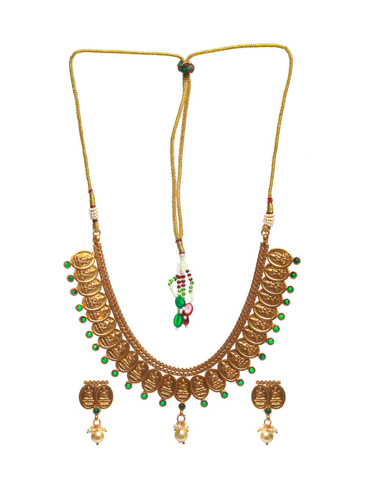 Priyaasi Goddess Laxmi Studded Pearl Drop Gold Plated Jewellery Set