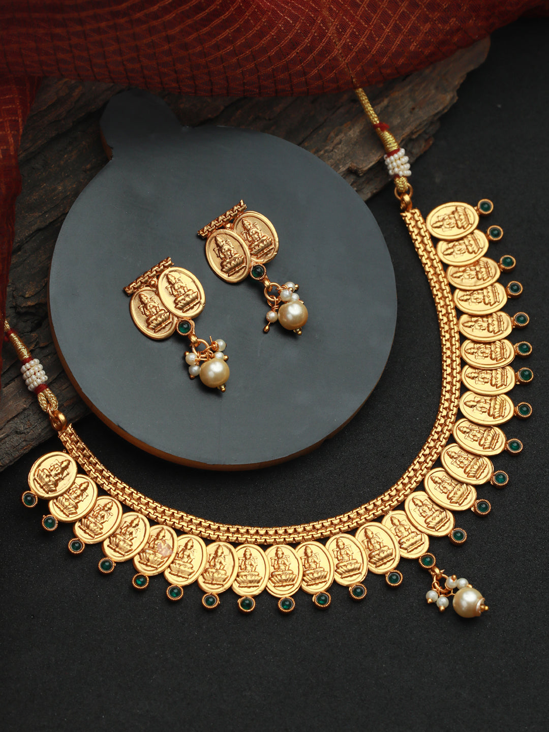 Priyaasi Goddess Laxmi Studded Pearl Drop Gold Plated Jewellery Set