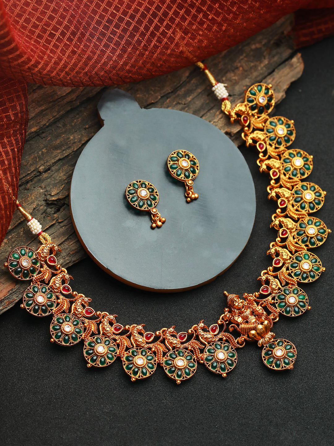 Priyaasi Green Goddess Peacock Floral Gold Plated Jewellery Set