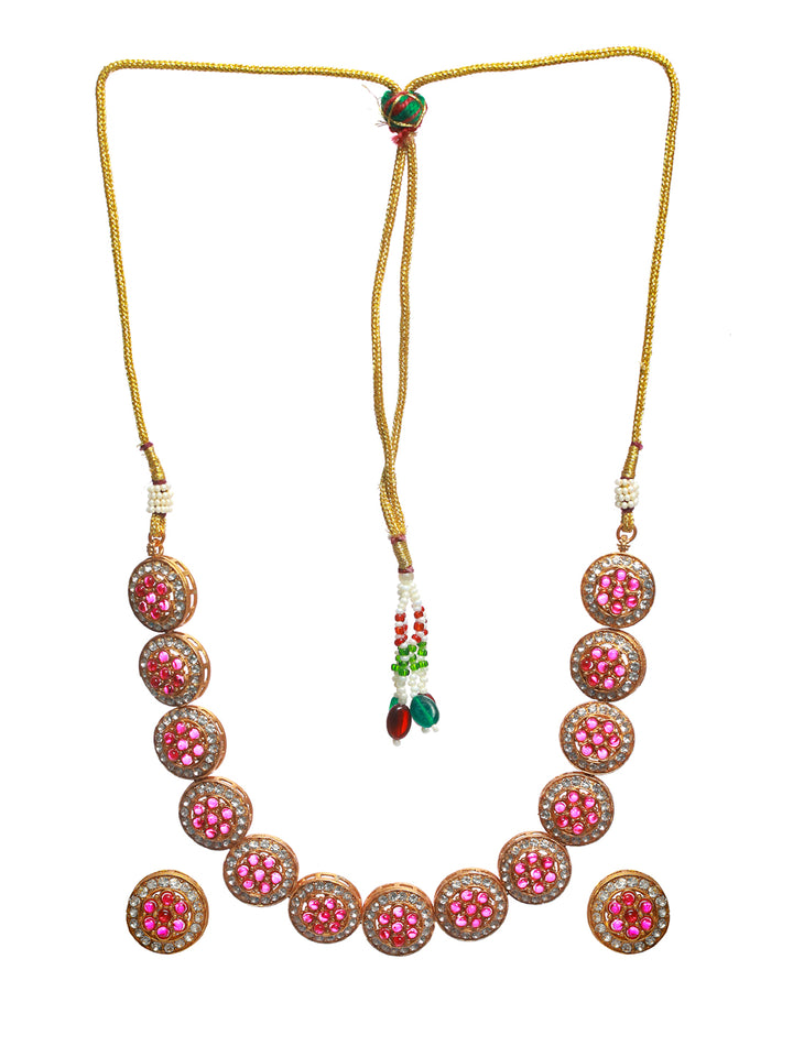 Priyaasi Pink Round Floral Studded Gold Plated Jewellery Set