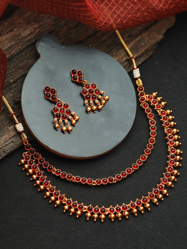 Priyaasi Pink Stone Studded Dual-Layered Gold Plated Jewellery Set