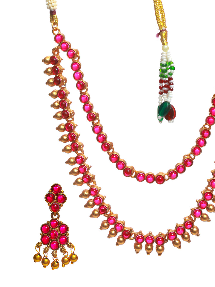 Priyaasi Pink Stone Studded Dual-Layered Gold Plated Jewellery Set