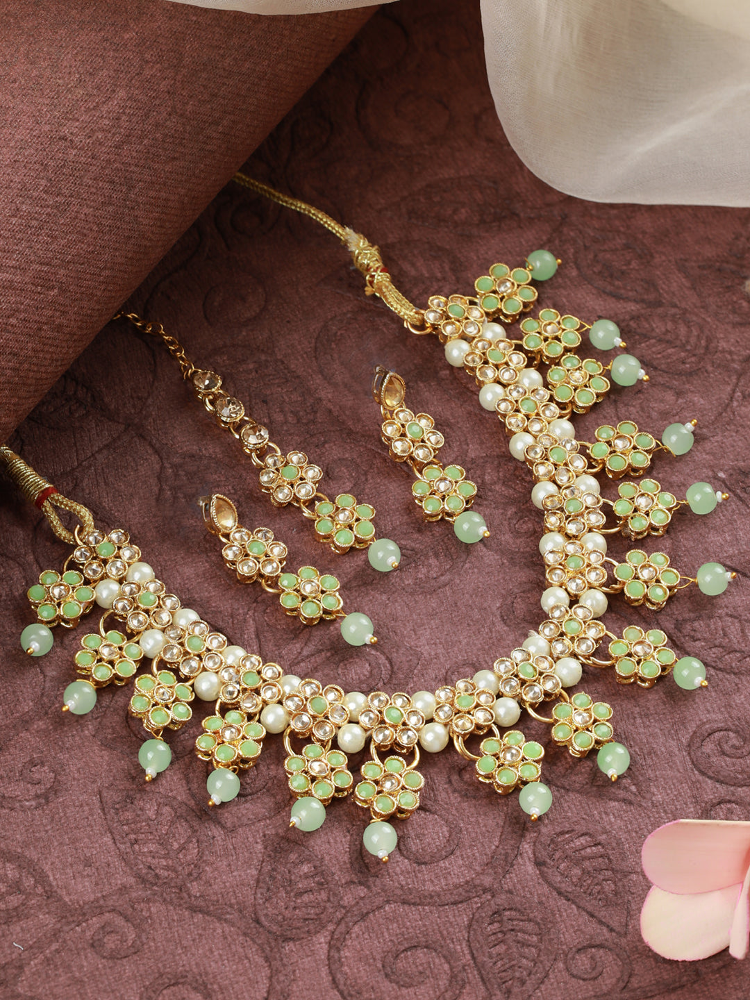 Priyaasi Green Floral Gold Plated Jewellery Set with Maangtikka