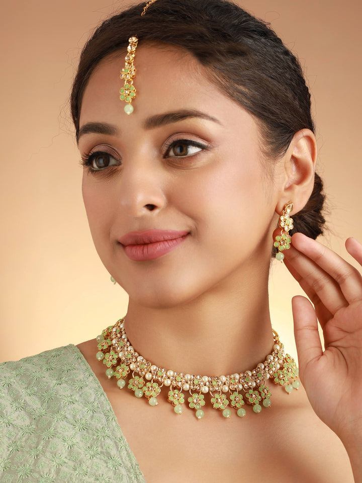 Priyaasi Green Floral Gold Plated Jewellery Set with Maangtikka