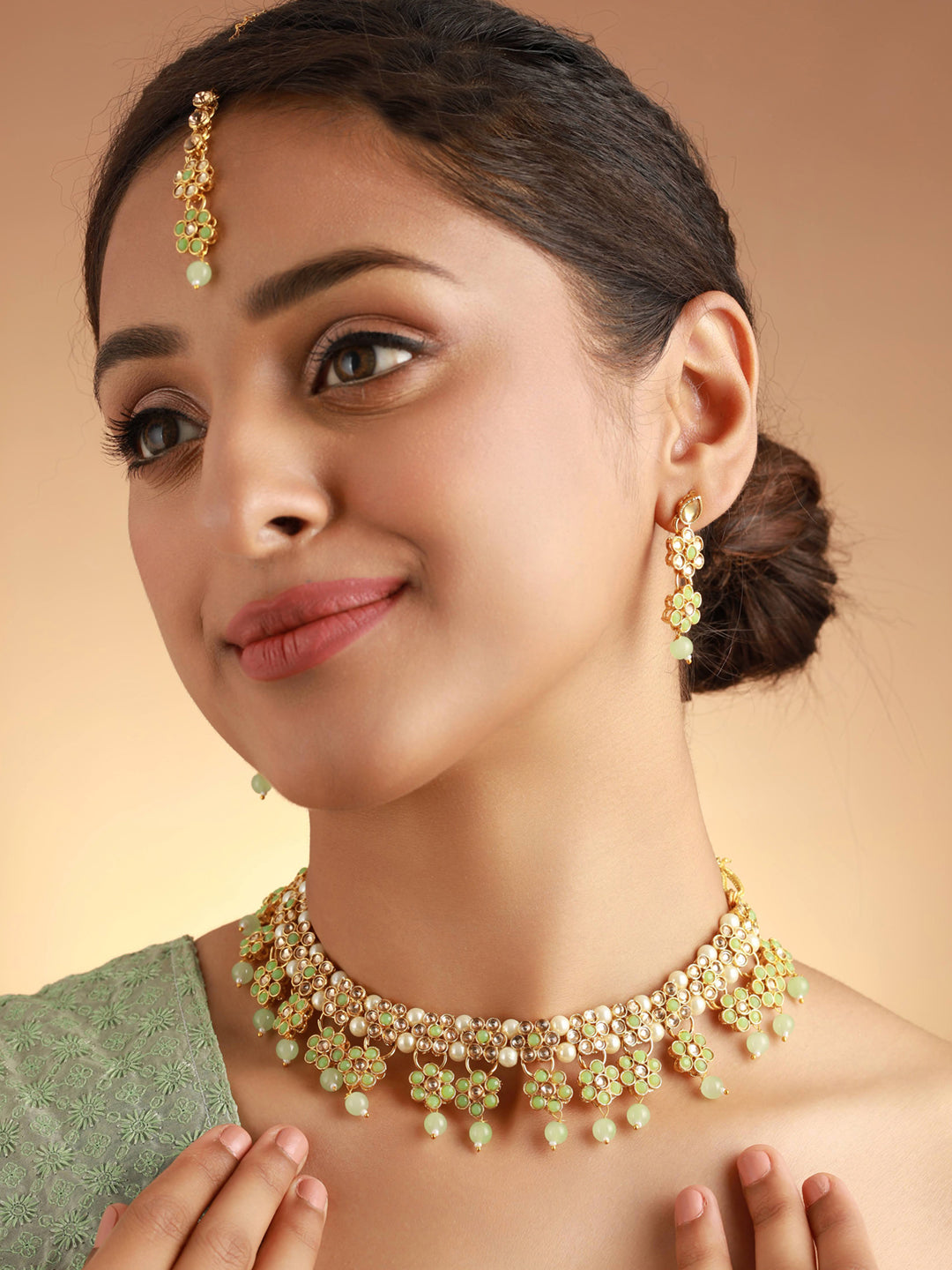 Priyaasi Green Floral Gold Plated Jewellery Set with Maangtikka