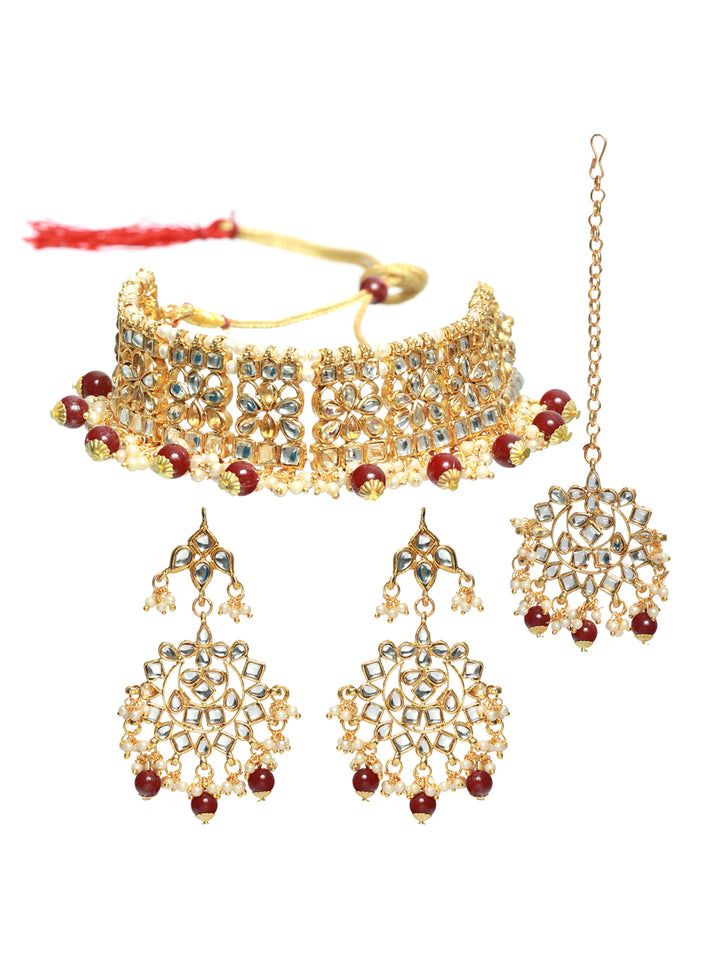 Priyaasi Maroon Floral Gold Plated Choker Jewellery Set with Maangtikka