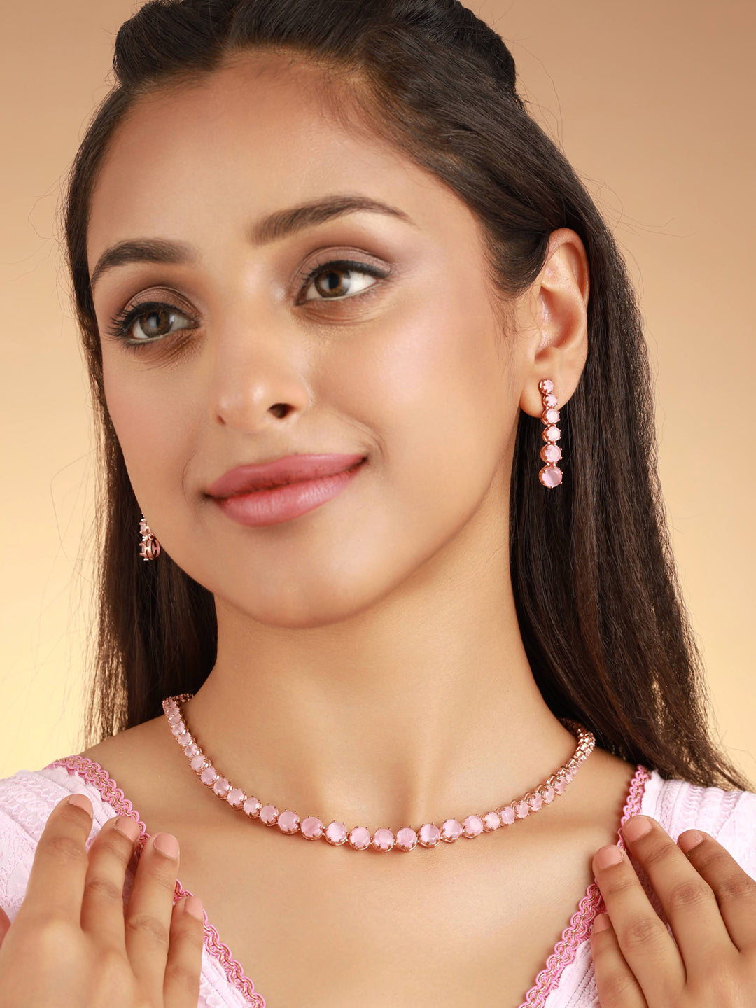 Priyaasi Pink Solitaire Silver Plated Jewellery Set