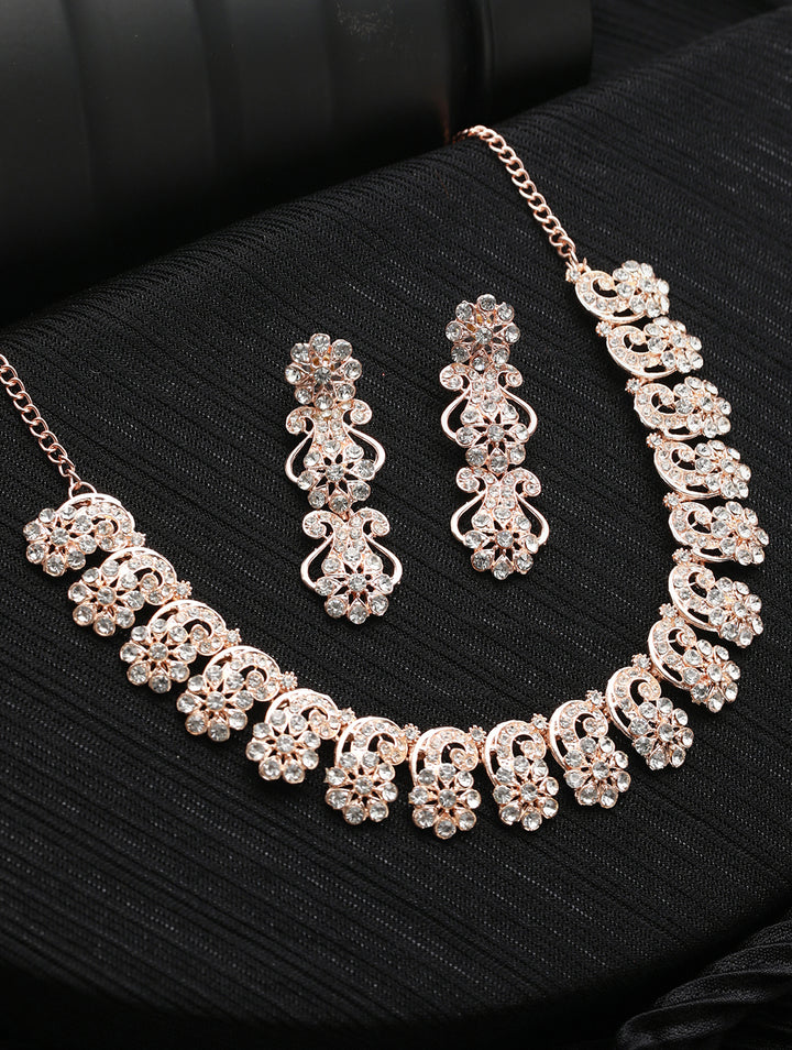 Floral AD Studded Rose Gold-Plated Jewellery Set