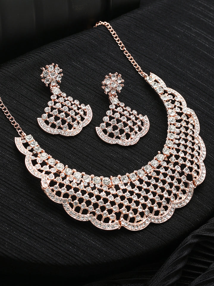 Bold Floral AD Rose Gold-Plated Jewellery Set