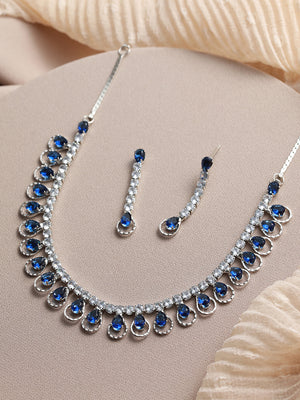 Blue Stone American Diamond Silver-Plated Jewellery Set