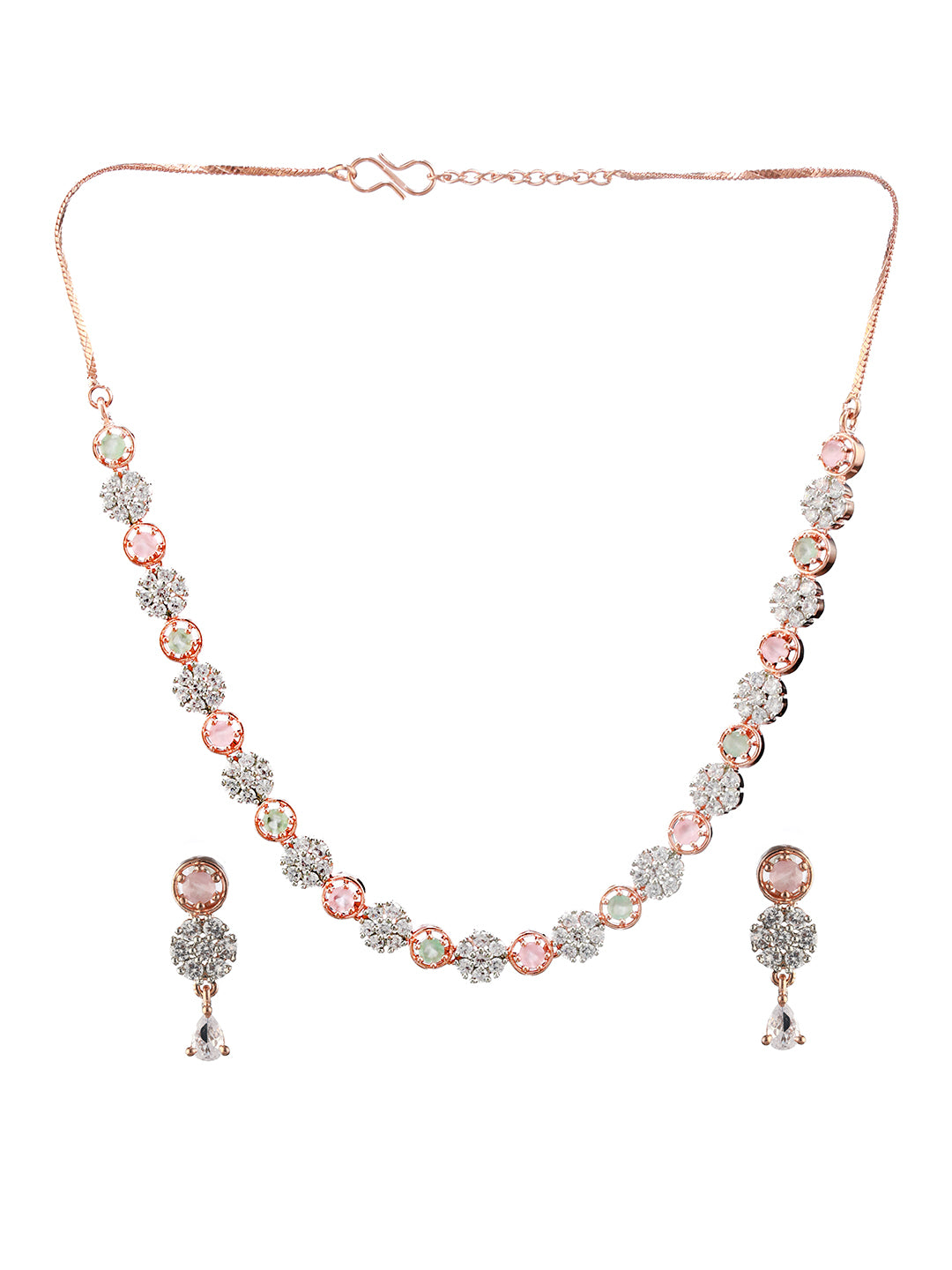 Pink Mint Green AD Floral Rose Gold-Plated Jewellery Set