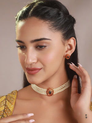 Priyaasi Studded Oval Pearl Multilayer Gold-Plated Choker Jewellery Set