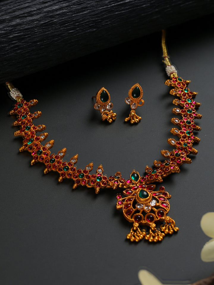 Priyaasi Floral Multicolor Kemp Stone Gold-Plated Jewellery Set