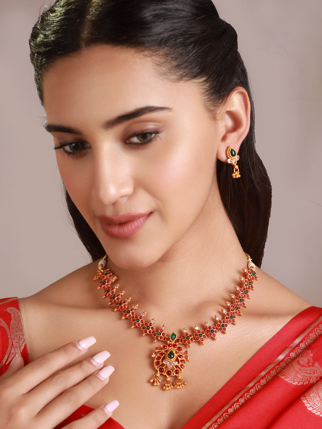 Priyaasi Floral Multicolor Kemp Stone Gold-Plated Jewellery Set
