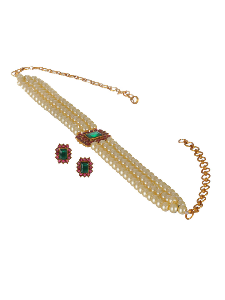 Priyaasi Studded Block Pearl Multilayer Gold-Plated Choker Jewellery Set