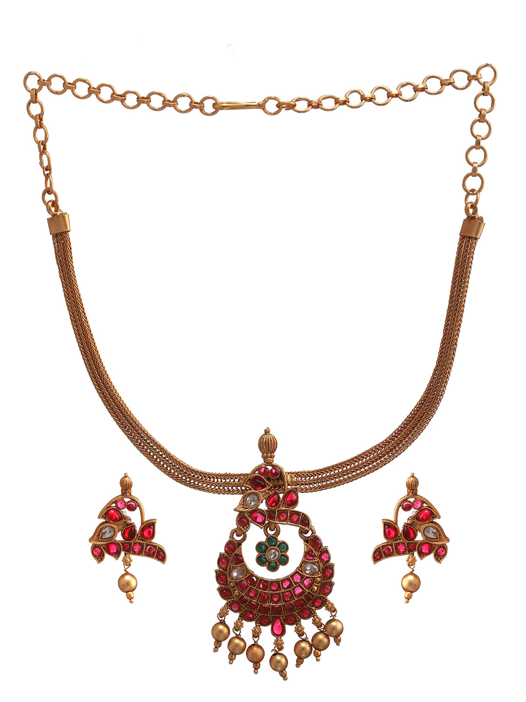 Ruby & Green Floral Kemp Stone Studded Gold-Plated Jewellery Set