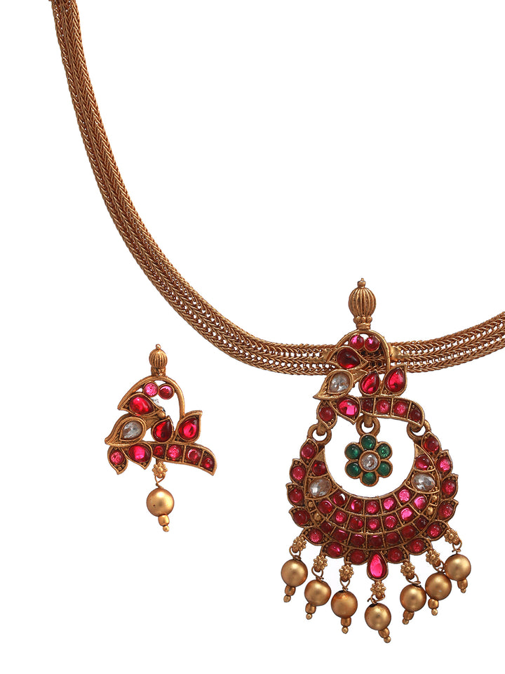 Ruby & Green Floral Kemp Stone Studded Gold-Plated Jewellery Set