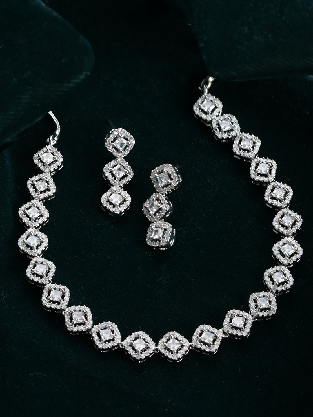 Priyaasi Square American Diamond Silver-Plated Jewellery Set