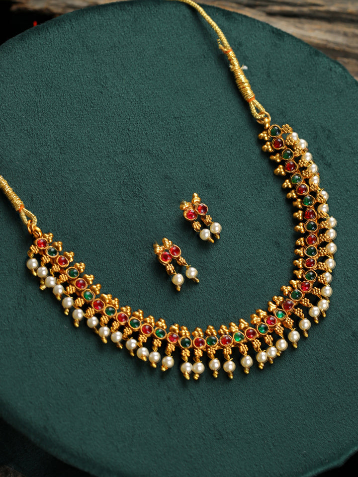 Priyaasi Traditional Multicolor Kemp Stone Gold-Plated Jewellery Set