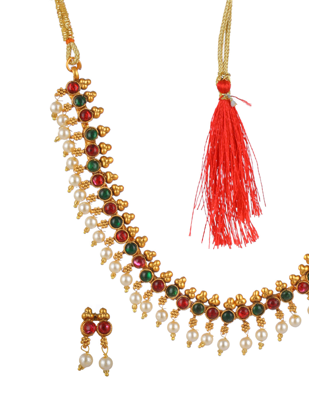 Priyaasi Traditional Multicolor Kemp Stone Gold-Plated Jewellery Set
