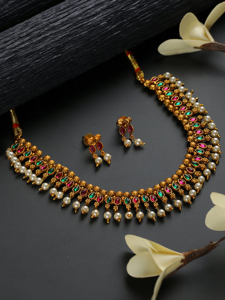 Priyaasi Studded Floral Multicolor Gold-Plated Jewellery Set