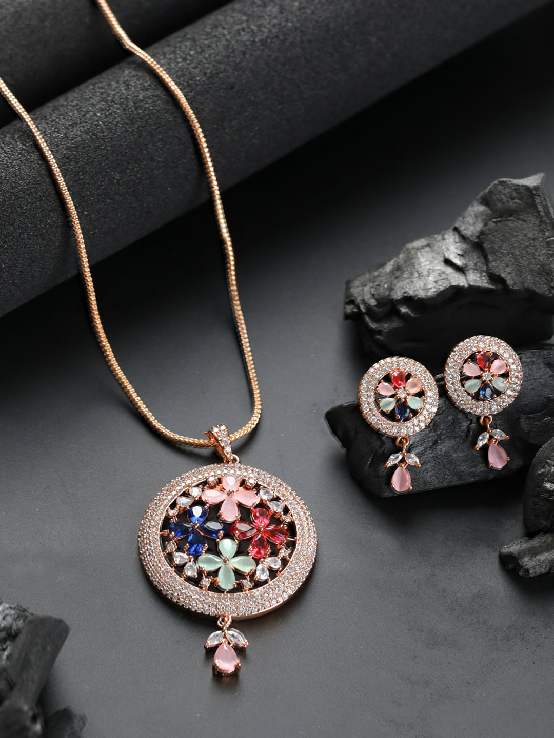 Priyaasi Round Floral Multicolor AD Rose Gold-Plated Jewellery Set