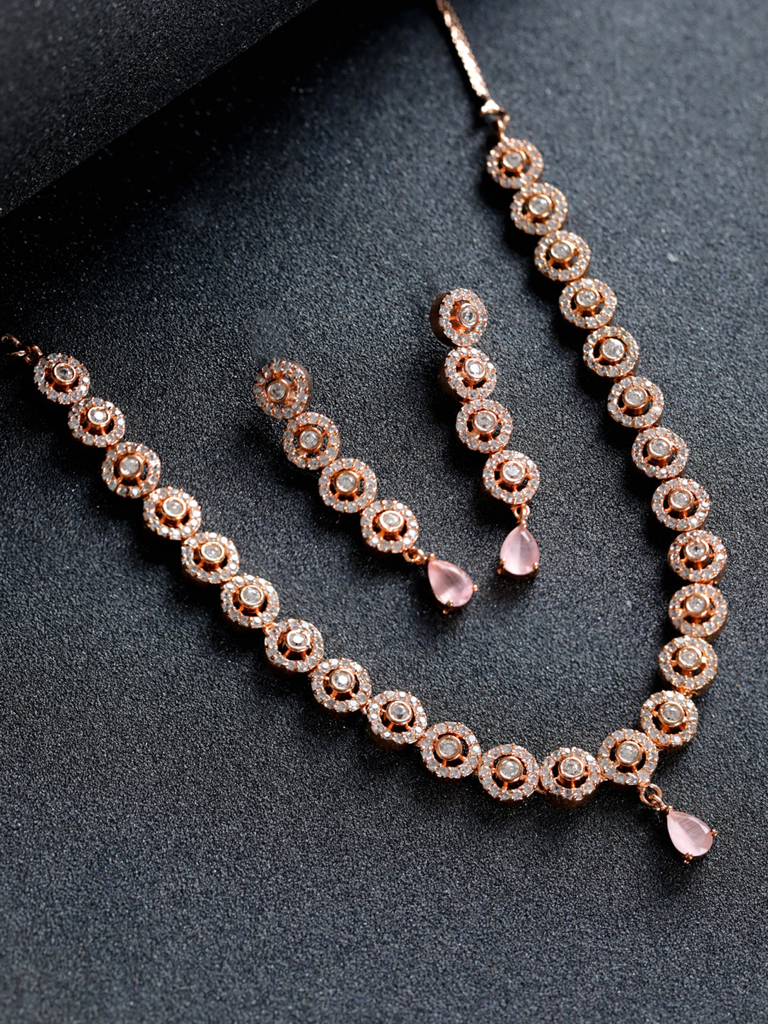 Priyaasi Pink Round AD Studded Rose Gold-Plated Jewellery Set