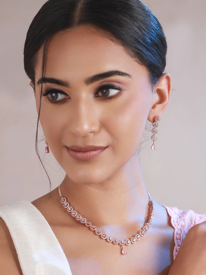 Priyaasi Pink Round AD Studded Rose Gold-Plated Jewellery Set