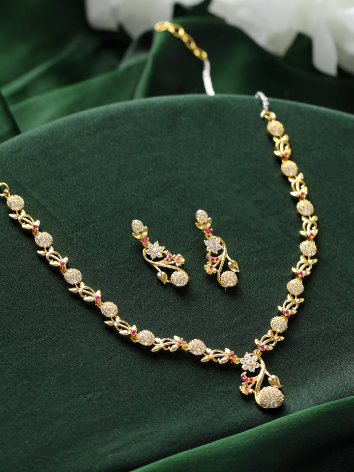 Priyaasi Studded Floral American Diamond Gold-Plated Jewellery Set