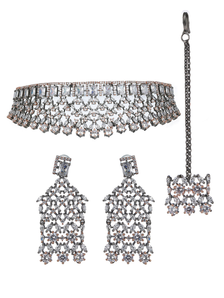 Priyaasi Floral Leaf American Diamond Choker Jewellery Set